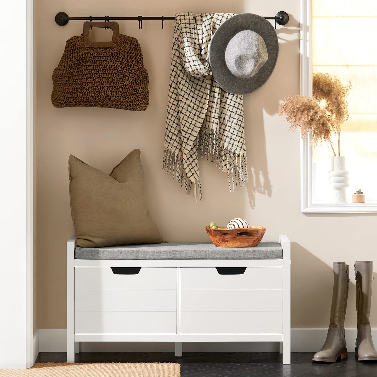 91 cm White Shoe Storage Bench with Removable Cushion
