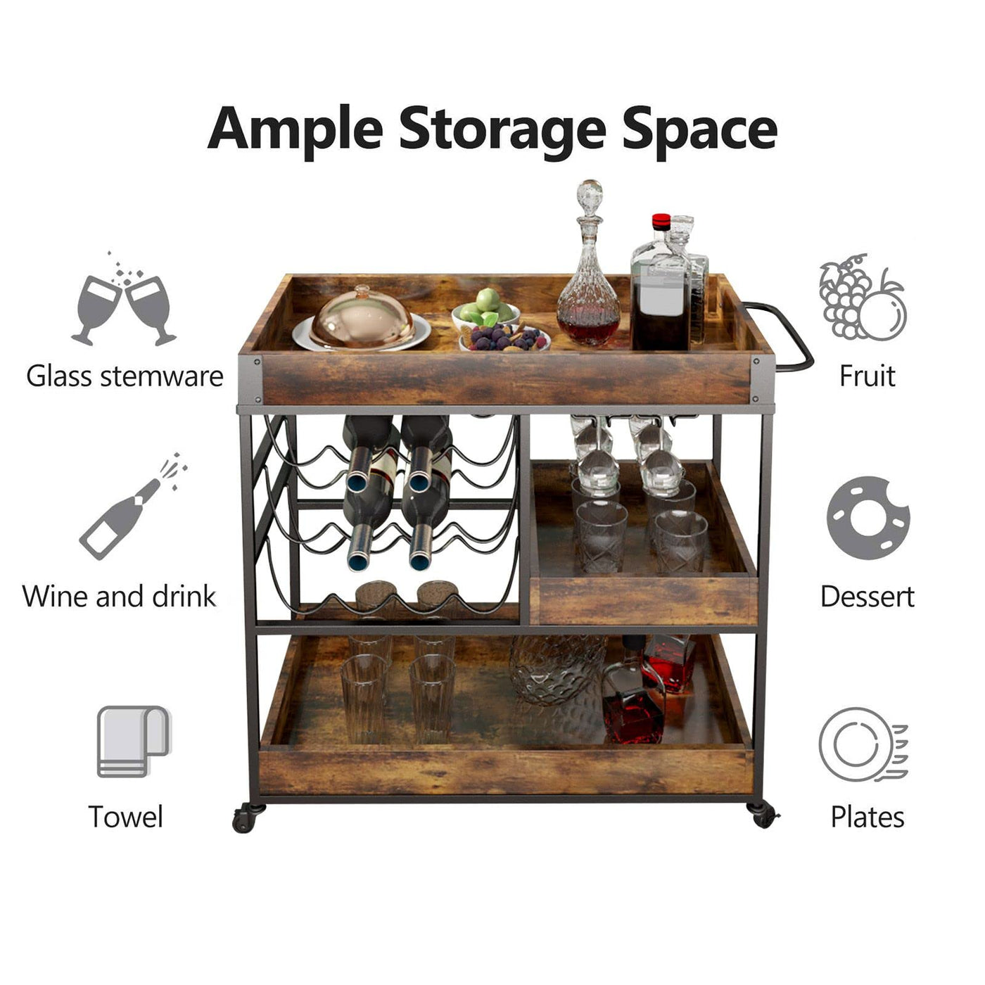 3-Tier Rustic Bar Cart with Wine & Glass Racks