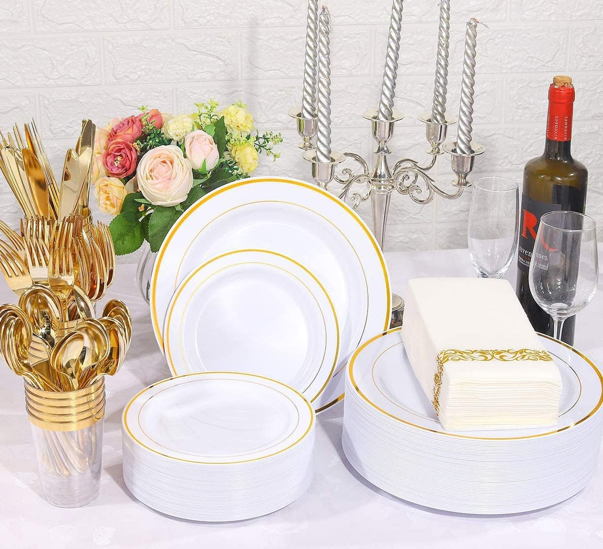 Gold Dinnereware Include Gold Rim Plates, 12oz Gold Cups, Gold Knives, Gold Forks, Gold Spoons, Party Reusable Plates Set, Brittany (Gold)