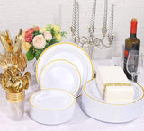 Gold Dinnereware Include Gold Rim Plates, 12oz Gold Cups, Gold Knives, Gold Forks, Gold Spoons, Party Reusable Plates Set, Brittany (Gold)