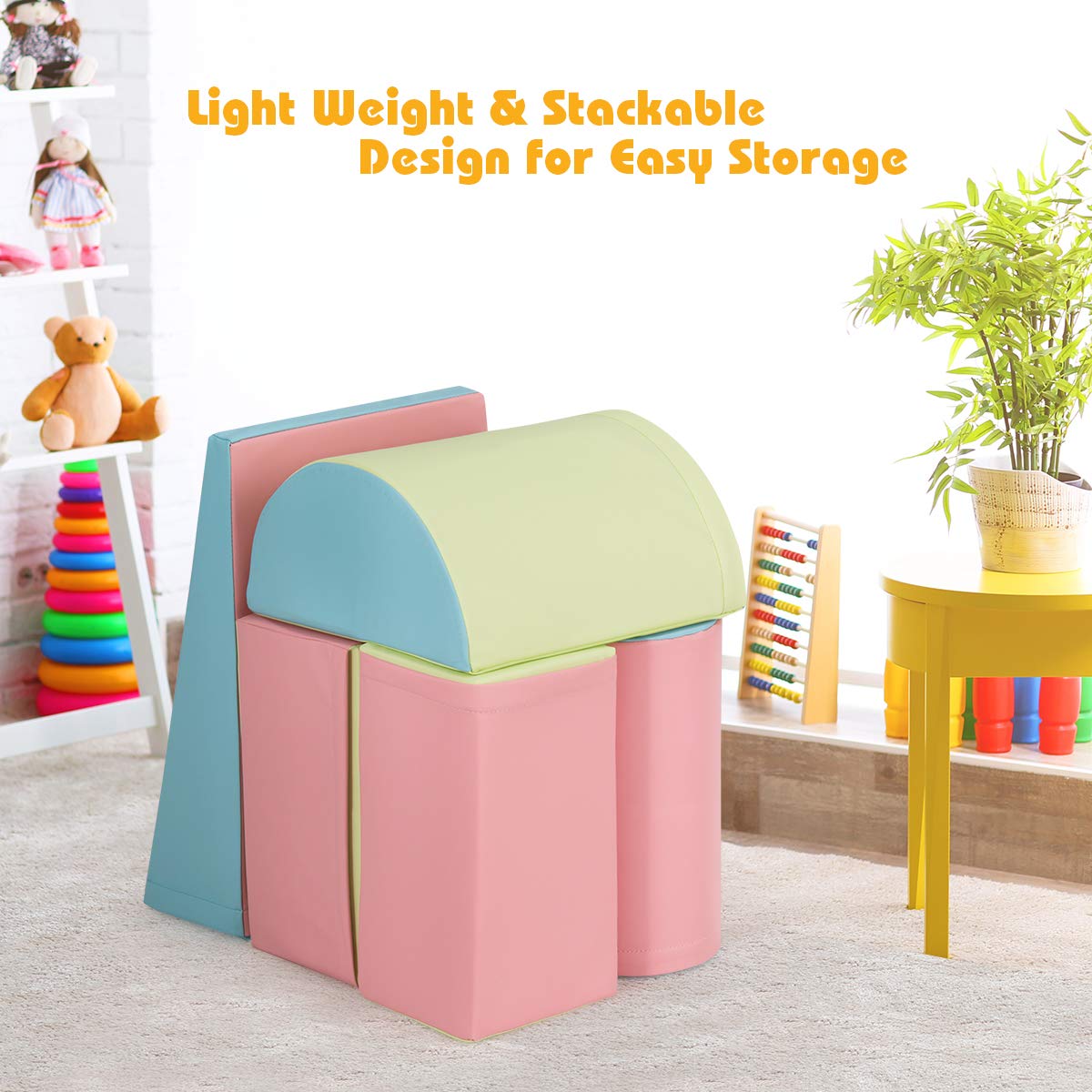 Kids Crawl & Climb Foam Play Set, 5-Piece Kids Foam Block Interactive Playset for Climbing, Crawling, Sliding, Lightweight Foam Shapes for Toddlers in Home, Kindergarten, Playroom (Pink)