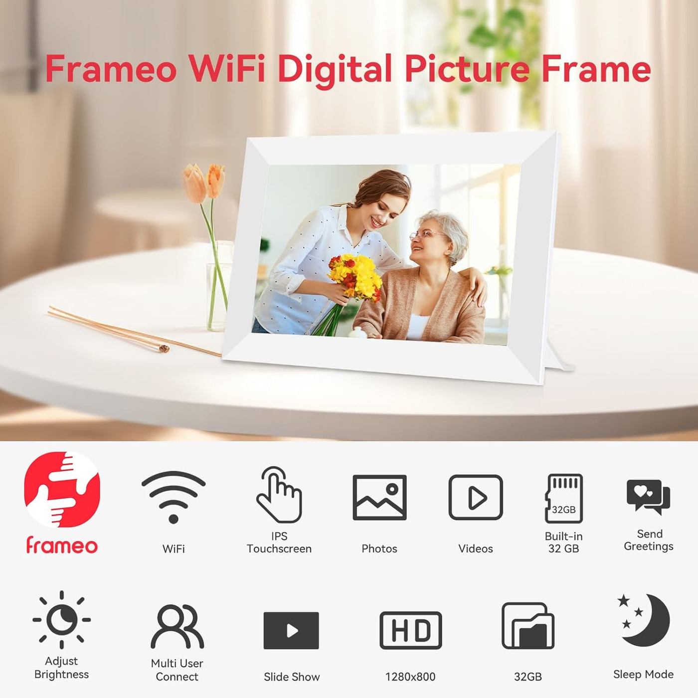 WiFi Digital Picture Frame 32GB Memory 10.1 Inch, 1280x800 HD IPS Touch Screen Photo Frame Electronic, Easy Setup, Share Photos or Videos Anywhere via Free Frameo APP