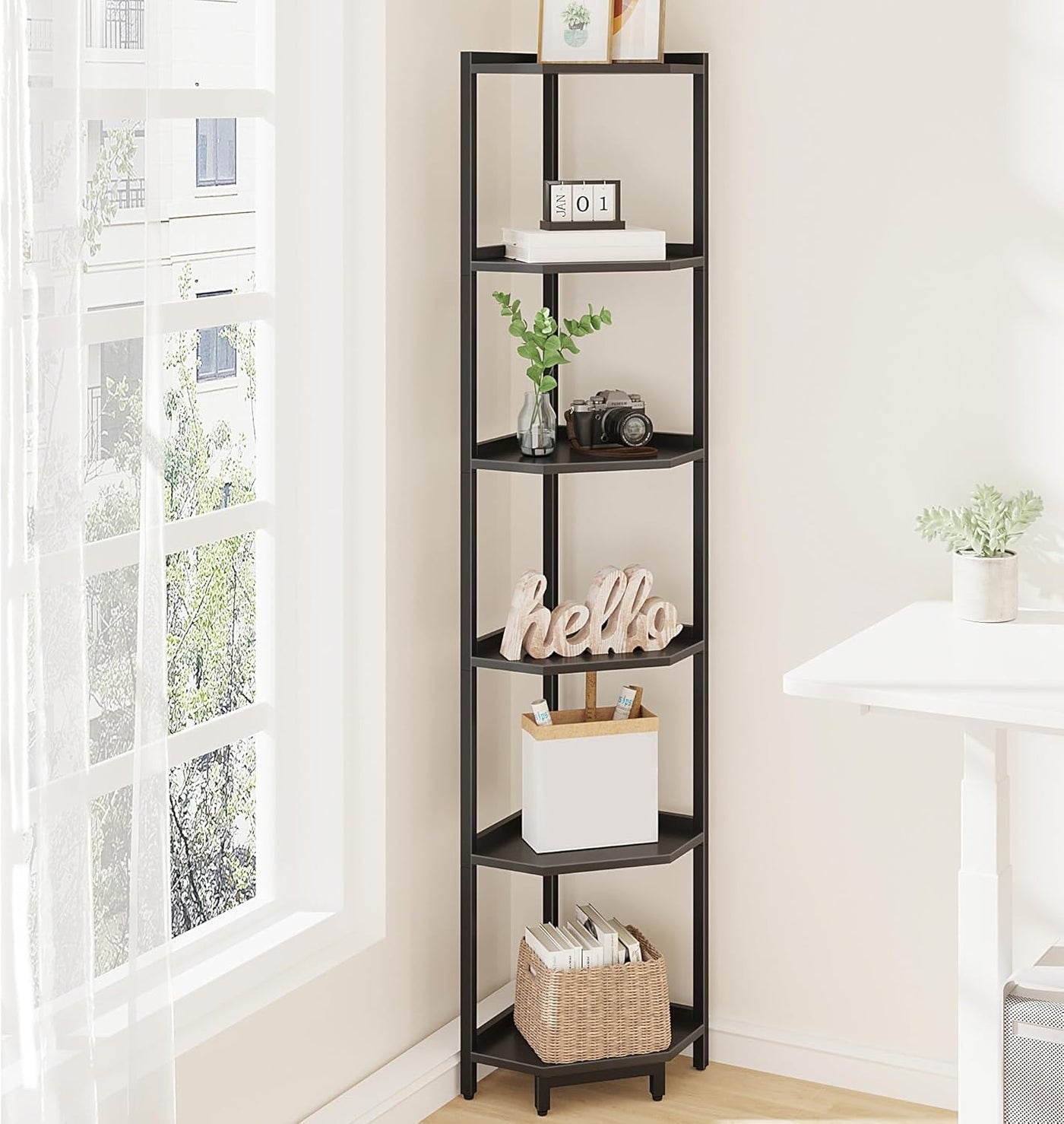 Freestanding Corner Shelf with Metal Frame