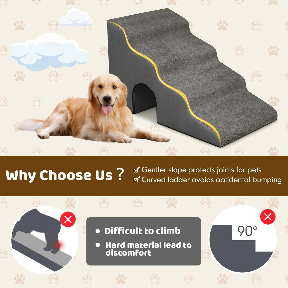 4-Tier Extra-Wide Grey Foam Pet Stairs with Washable Cover