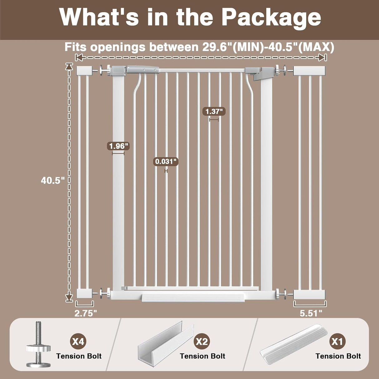 41" Extra Tall Baby Gate for Doorways and Stairs No Drill, Adjustable 29.9-40.9'' Auto Close Dog Gate Indoor, Pressure Mounted Walk Through Swing Wide Pet Gate, Tall Cat Gate with Expansion Kit, White