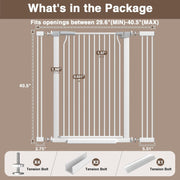 41" Extra Tall Baby Gate for Doorways and Stairs No Drill, Adjustable 29.9-40.9'' Auto Close Dog Gate Indoor, Pressure Mounted Walk Through Swing Wide Pet Gate, Tall Cat Gate with Expansion Kit, White