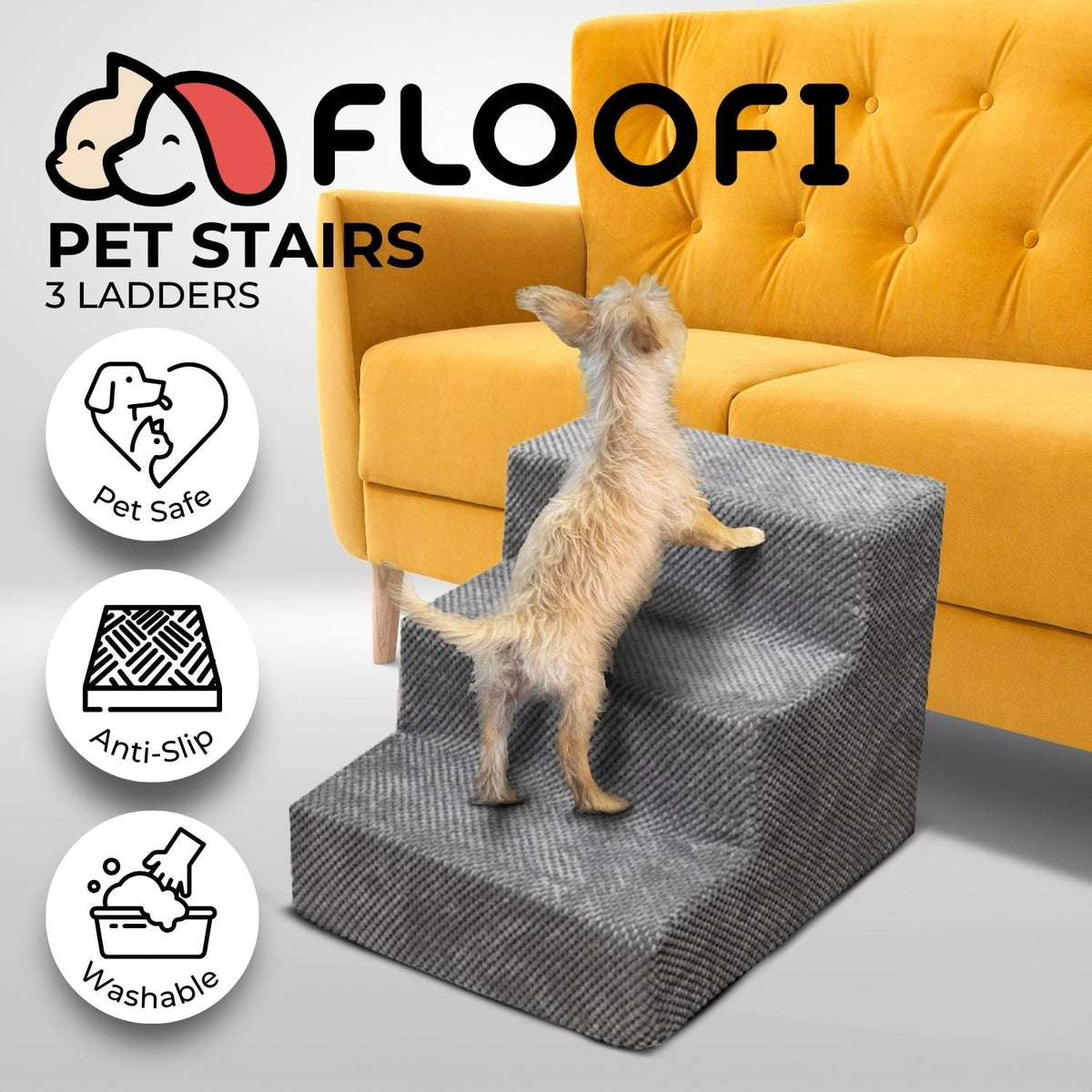 3-Step Grey Memory-Foam Pet Stairs with Washable Corduroy Cover