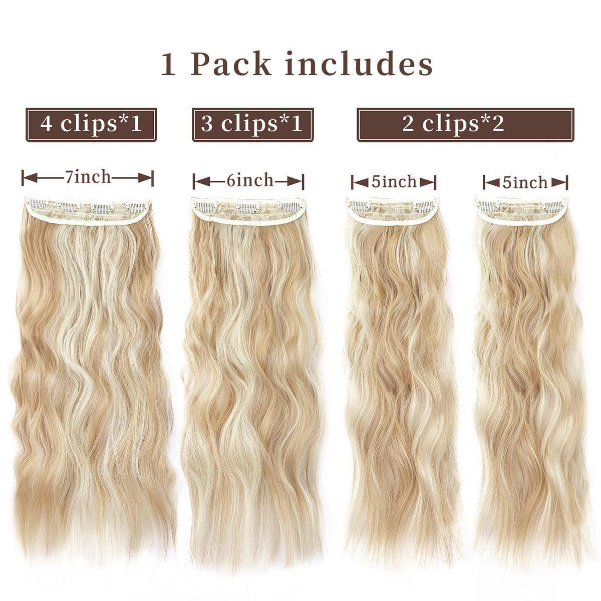 20-Inch Wavy Clip-In Hair Extensions – 4-Piece Blonde Highlight Set