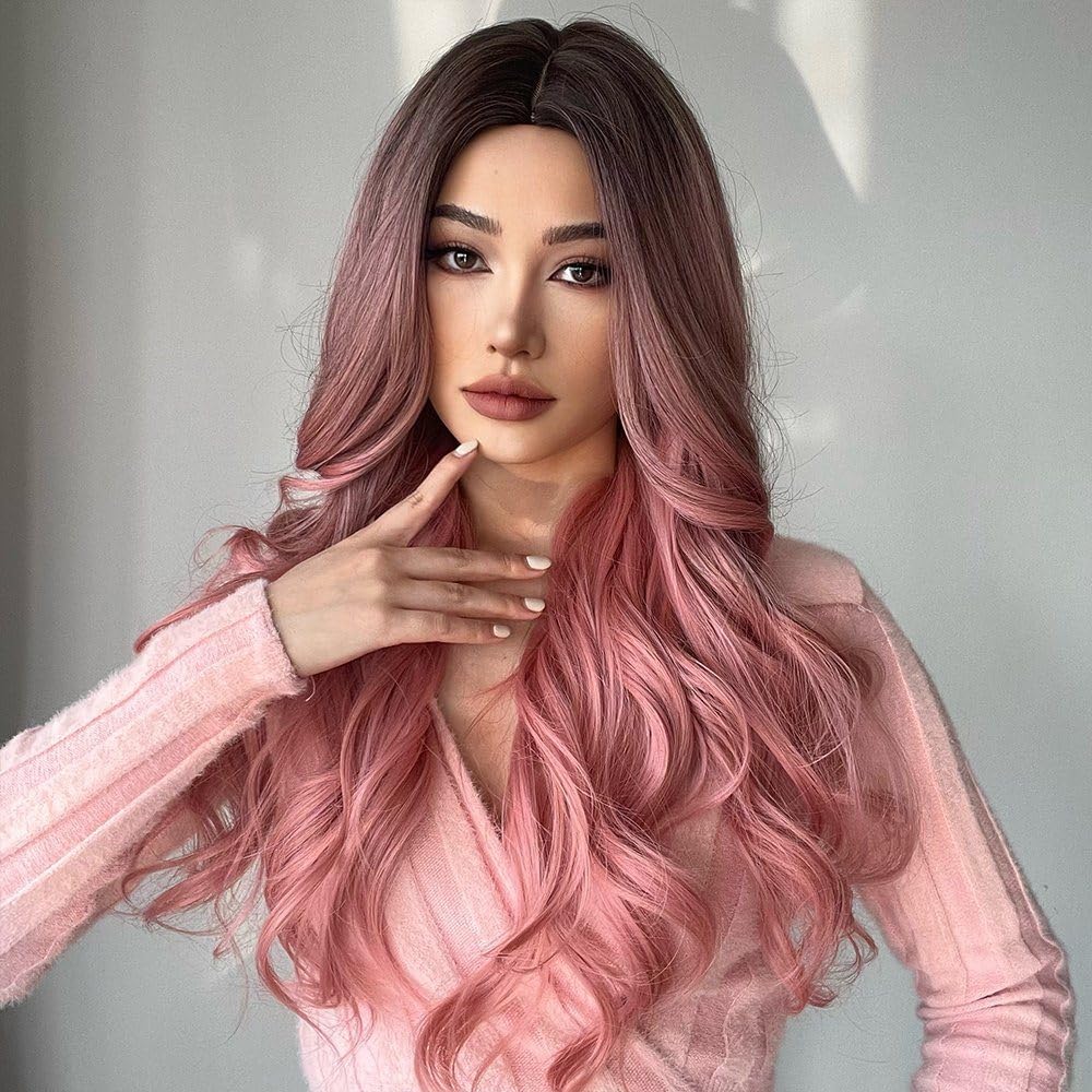 24-Inch Centre-Part Wavy Synthetic Wig – Pink