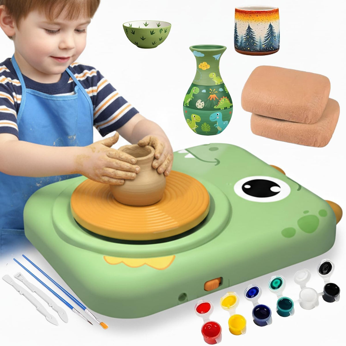 Pottery Wheel for Kids, Boys & Girls Arts and Crafts Toys for Kids Ages 8-12, Pottery Studio Craft Kit with 2 Pack Air-Dry Clay, Art Supplies for Kids Toys Girls Birthday, Age 6 7 8 9 10 11 12+ (Green)