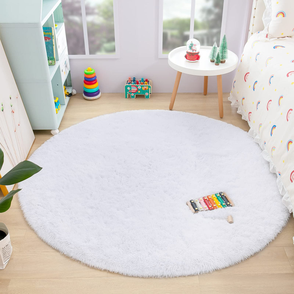 120 cm Round White Fluffy Shag Rug