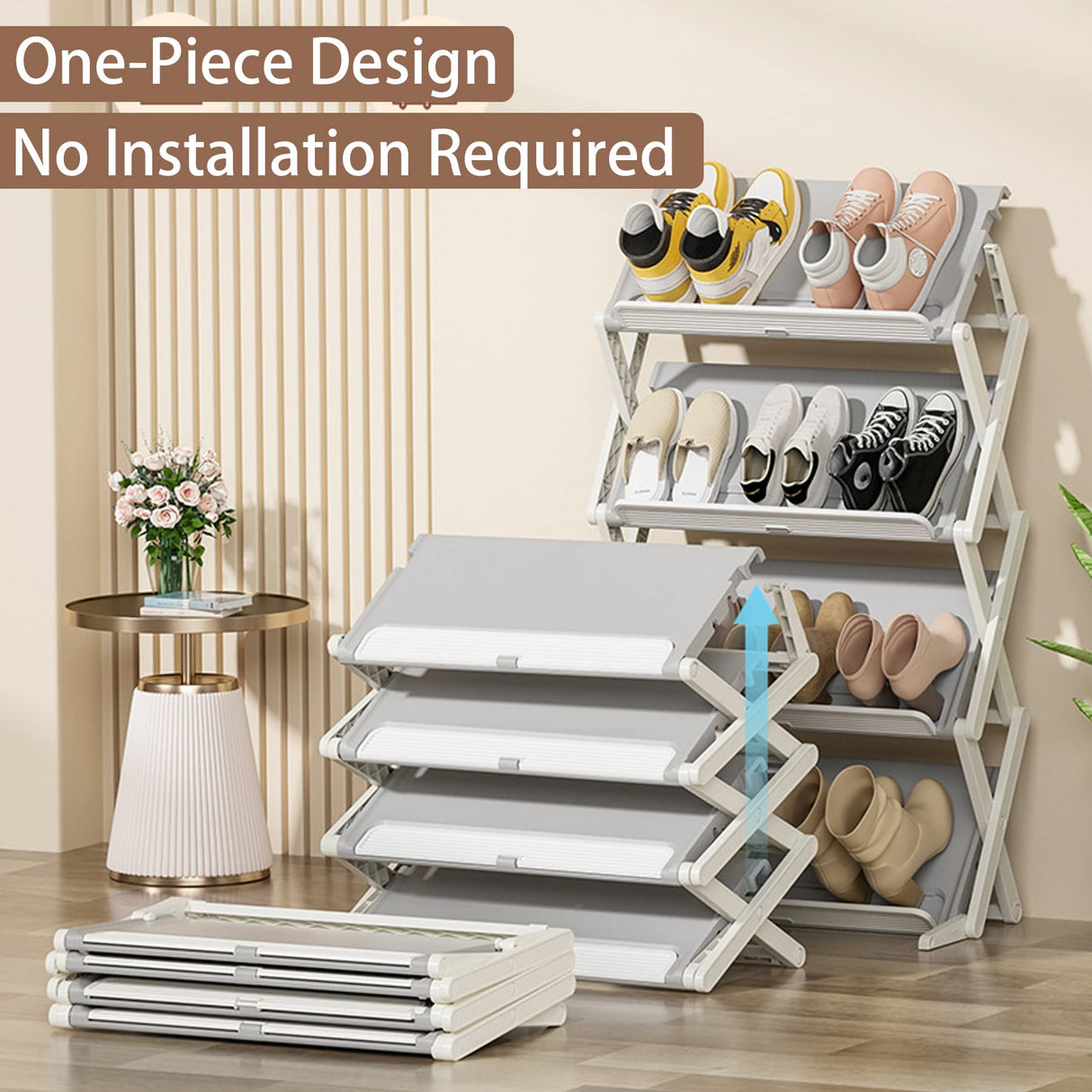 Foldable Shoe Rack, 4-Tier Installation-Free Shoe Rack, Free Standing Shoe Shelf Storage Organizer for Closet, Entryway, Balcony, Living Room, Bedroom, Brown