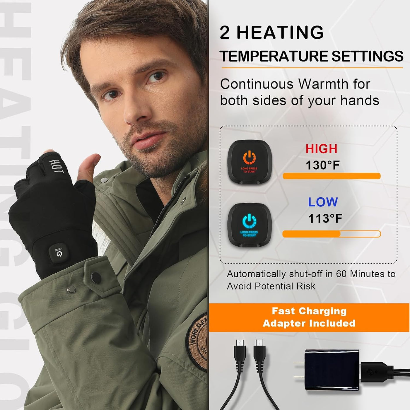 Rechargeable Heated Gloves – Cordless Fingerless Winter Warm Gloves with Temperature Control