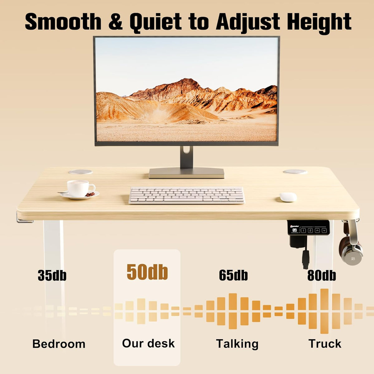 Electric Standing Desk 80x60cm (31"x23.6"), Height Adjustable Sit Stand Desk with Splice Board for Home Office, Computer Desk Memory Preset (White Frame + Golden Oak Desktop)