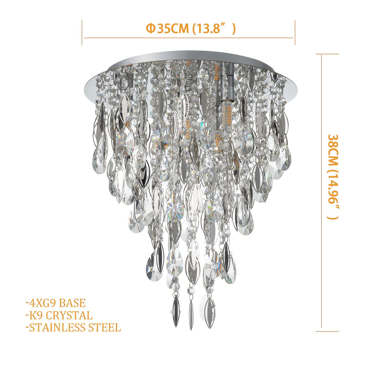 Luxury Modern Crystal Chandelier Ceiling Flush Mount Light Fixture for Bedroom Living Room Kitchen Corridor Stairwell Aisle Hallway, ￠35cm x H38cm, Chrome, 4-Lights, G9 Holder
