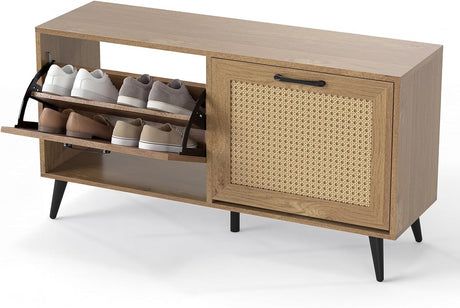 Giantex Rattan Shoe Storage Cabinet with 2 Flip Drawers, Hidden Boho Shoe Organizer with Adjustable Shelves, Solid Metal Legs, Freestanding Narrow Shoe Rack for Foyer Entryway Living Room