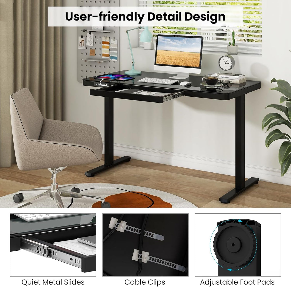 Electric Standing Desk with Drawer, Height Adjustable Desk with Whole Piece Tempered Glass Top, Sit Stand Desk with 2 Memory Positions & USB Type-C Outlets for Home Office 120x60 cm