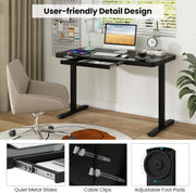 Electric Standing Desk with Drawer, Height Adjustable Desk with Whole Piece Tempered Glass Top, Sit Stand Desk with 2 Memory Positions & USB Type-C Outlets for Home Office 120x60 cm