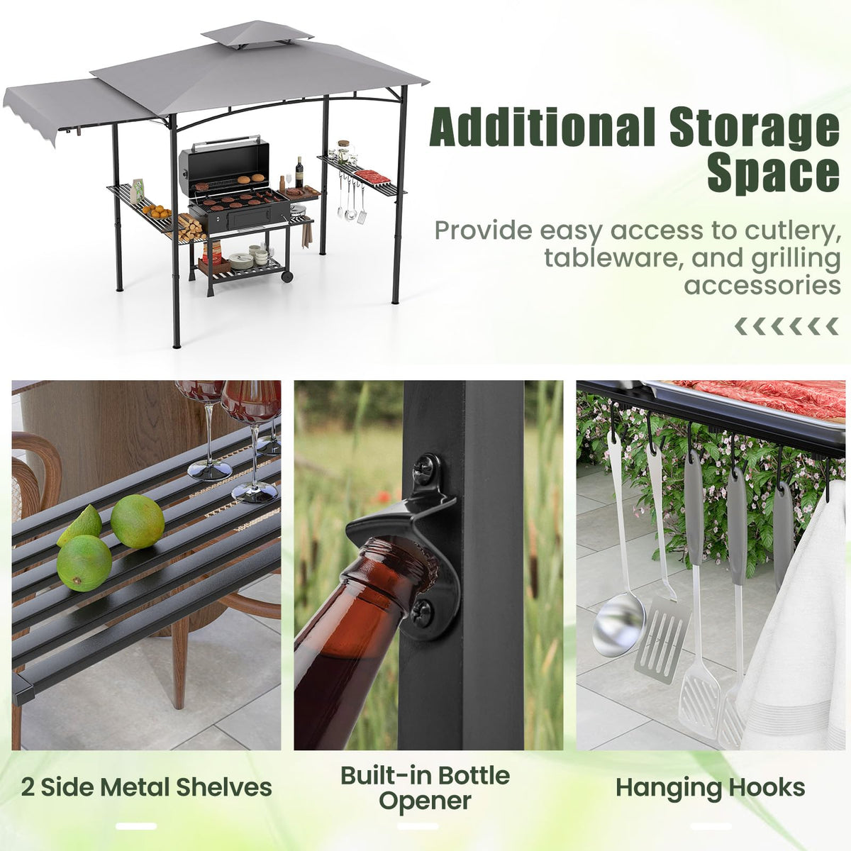 BBQ Gazebo with Side Awning, Shelves & Hooks