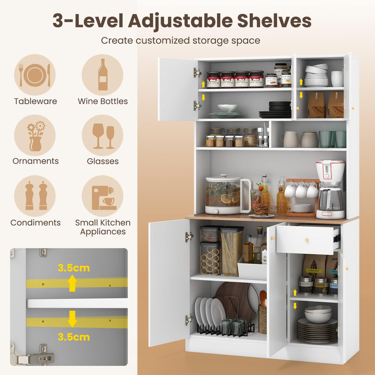 Tall Pantry Cabinet, Kitchen Cabinet with Outlets, USB Ports, Anti-Tipping Kits & 3-Position Adjustable Shelves, Freestanding Buffet Cupboard with Hutch, Microwave Cabinet Dining Room