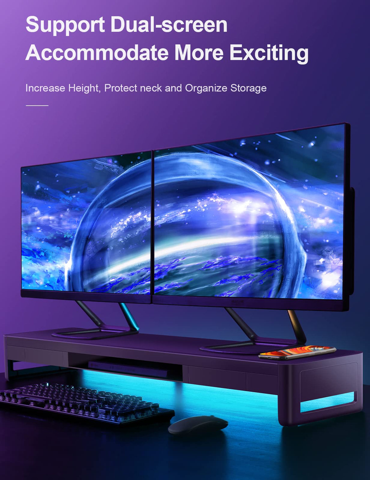 Dual-Monitor Riser with 2 Drawers & Keyboard Storage