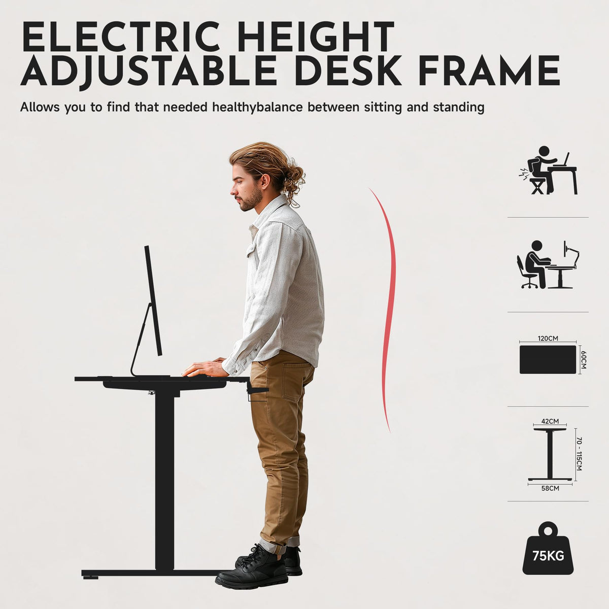 Electric Height Adjustable Standing Desk Whole-Piece Desktop Sit Stand Up Computer Desk Workstation with Memory Controller for Home, Office, Gaming 120×60cm (White Frame + Black Top)