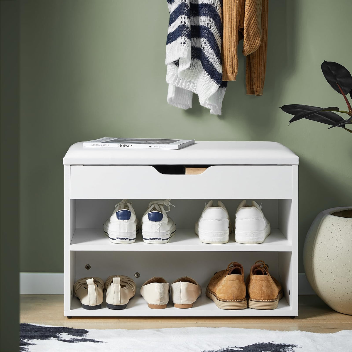 White 2-Tier Shoe Cabinet Bench with Folding Seat