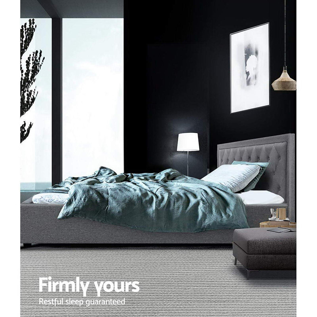 Grey Upholstered Double Gas-Lift Storage Bed with Tufted Headboard