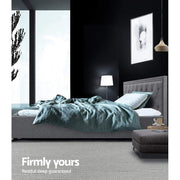 Grey Upholstered Double Gas-Lift Storage Bed with Tufted Headboard