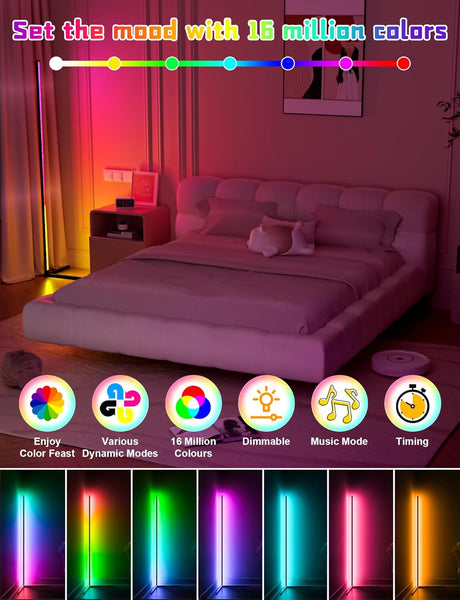 Cozylady 65”RGB Floor Lamp, 165cm LED Corner Lamp with Music Sync 16 Million DIY Colors,Remote and App Control,Timing,Dimmable Home Decor Standing Lamp for Gaming Living Room Bedroom Birthday Party