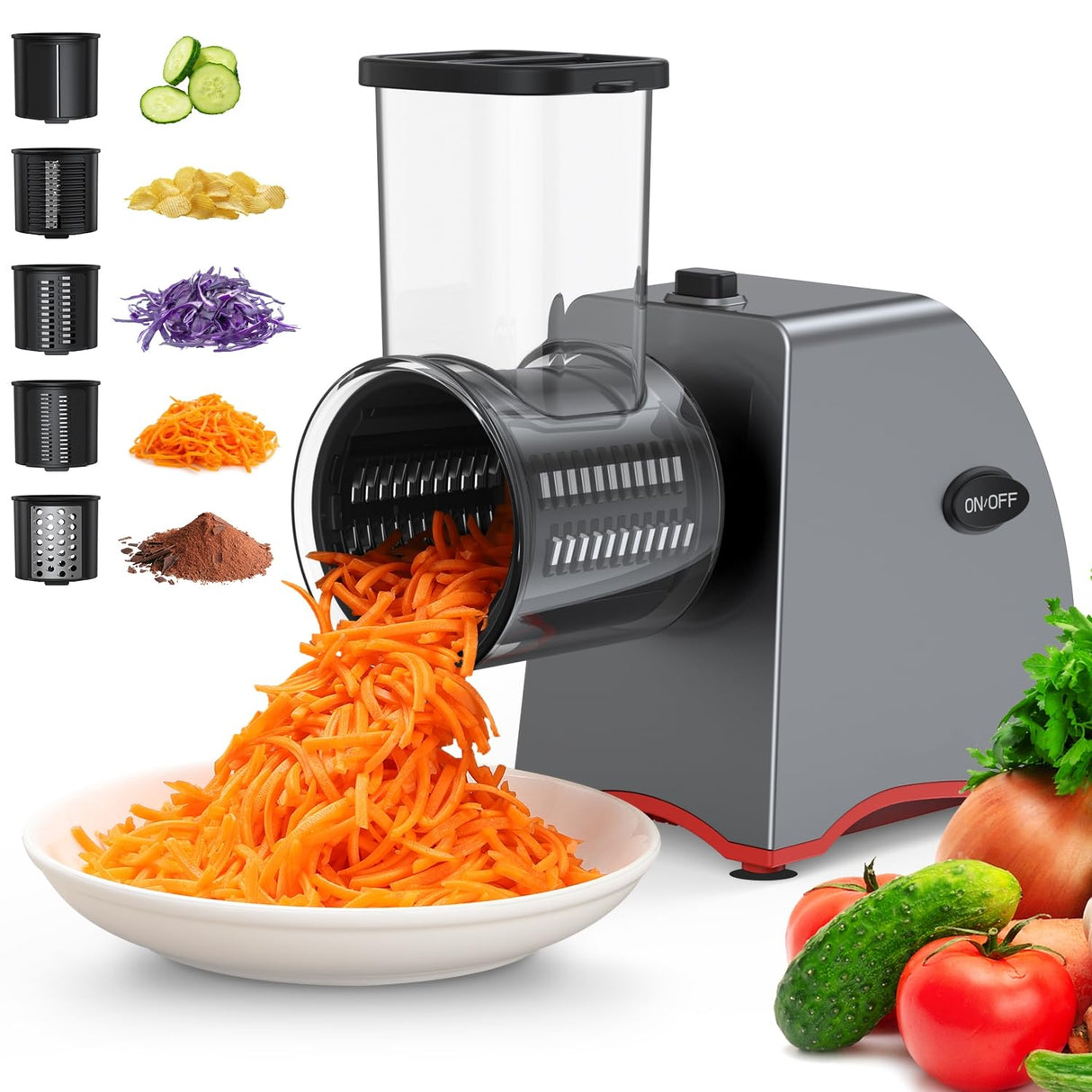 Electric Cheese Grater, 250W Upgraded 5 in 1 Professional Electric Vegetable Slicer, One-Touch Control Rotary Slicer Shredder Salad Maker for Cheeses Fruits Vegetables Nuts with 5 Replaceable Blades