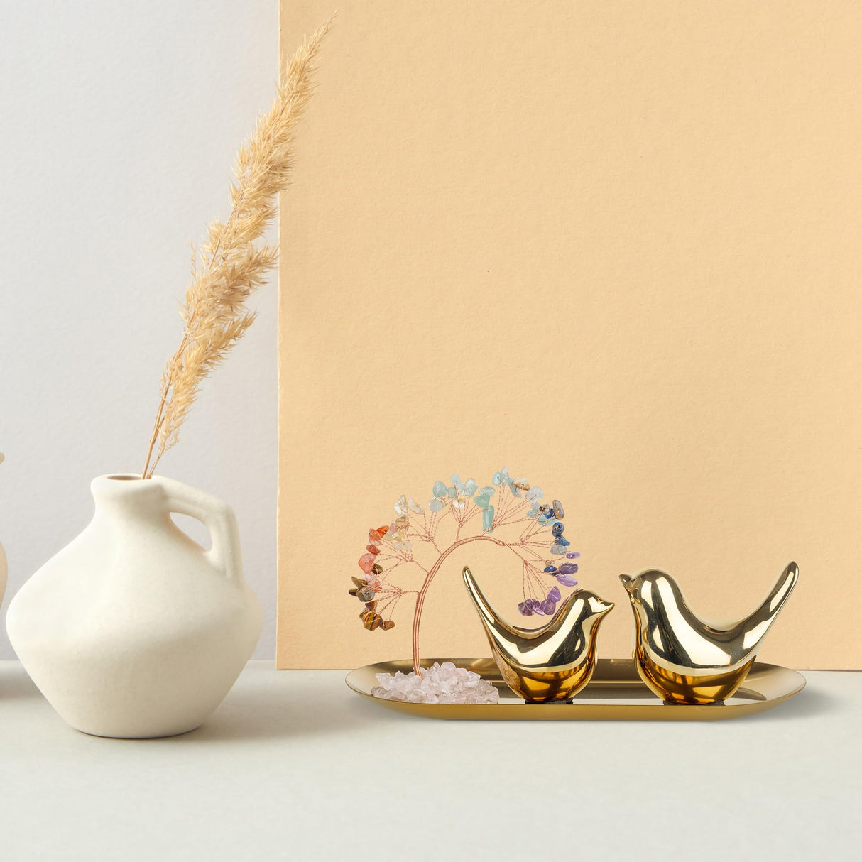 Crystals Tree,Small Birds Statue,7 Chakra Healing Crystals Stones Tree Storage Tray Yoga Meditation Zen Room Office Home Decor Set Figurine Ornament Decoration Feng Shui Wealth Luck