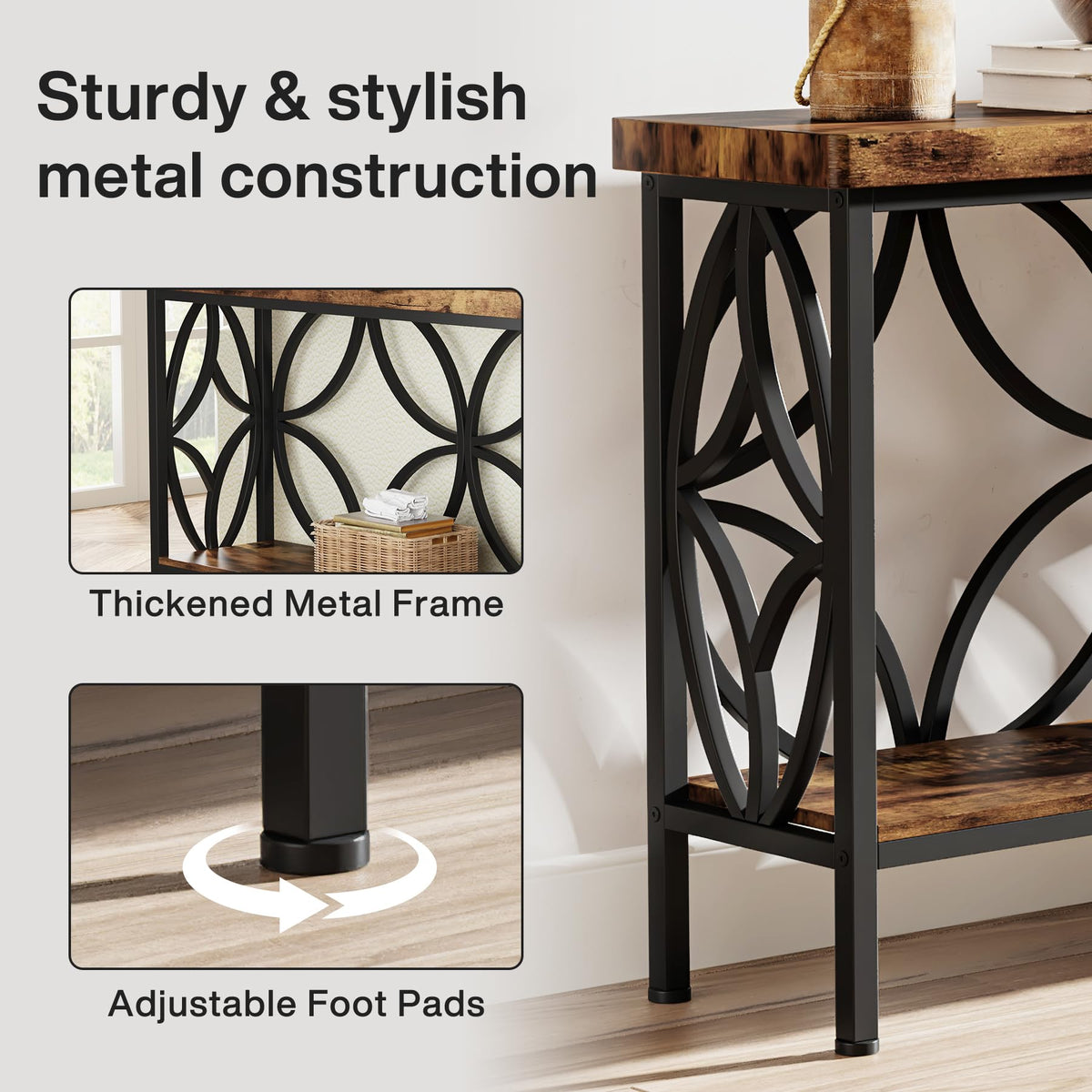 Narrow Sofa Table, Industrial Long Sofa Table Behind Couch, Entry Console Table with Storage for Entryway, Living Room, Foyer, Unique Design, Rustic Brown 70.9-Inch
