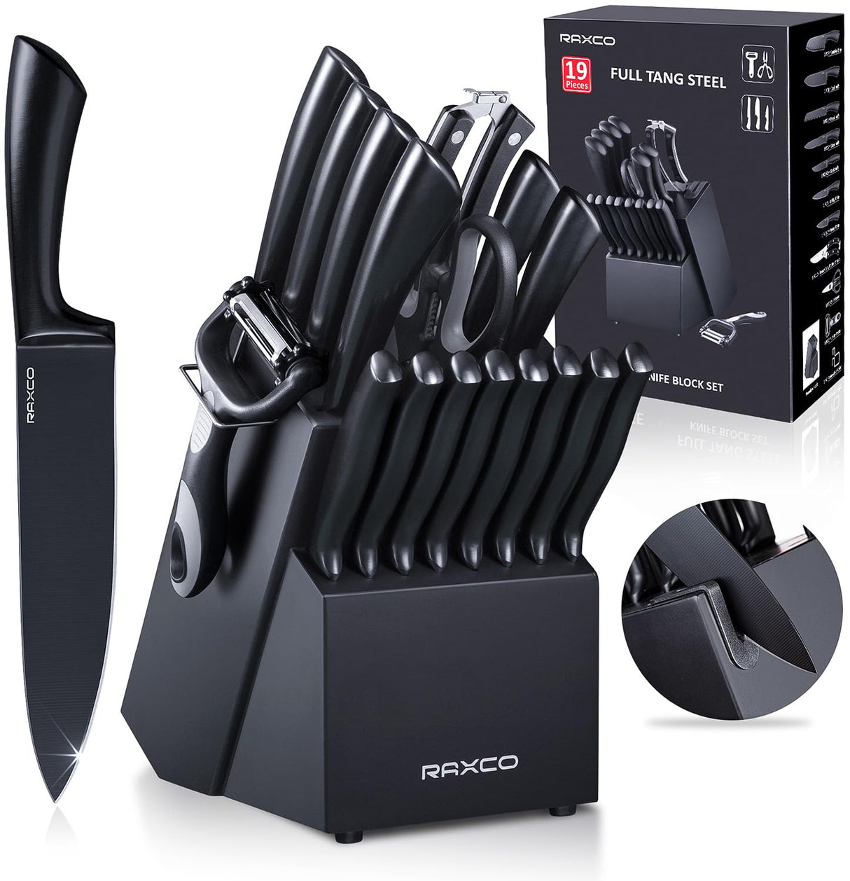 Knife Set Black, Knives Set for Kitchen Full Tang Steel Steak Knife Set(8)+Chef's Knives(6),Kitchen Shears(19-in-1)…