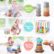 5 in 1 Baby Montessori Toys Set Include Shape Sorter Bin with Sound, Baby Tissue Box, Stacking Cups, Pull String Toy, Soft Stacking Rings, Sensory Toys for Infants Toddlers