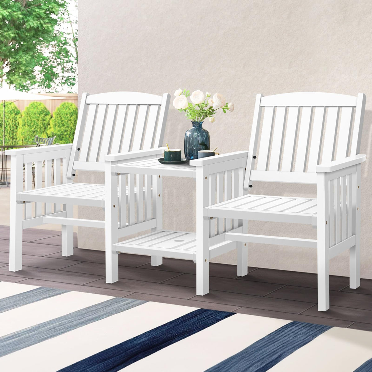White Fir-Wood Twin Chair & Centre Table Set