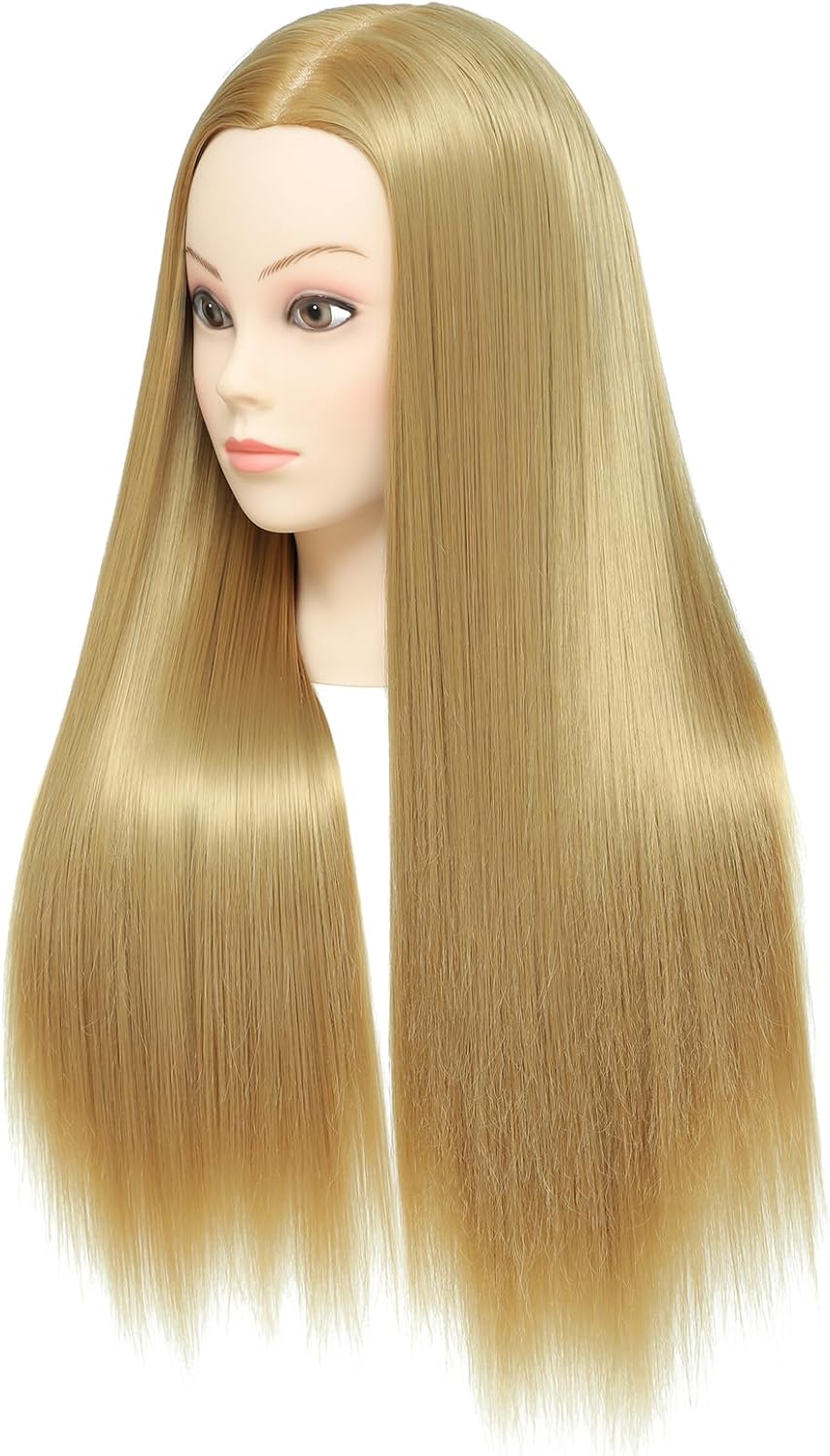 26-28'' Mannequin Head Synthetic Fiber Hair Styling Training Head Dolls for Cosmetology Manikin Maniquins Practice Head with Table Clamp Holder （27#）