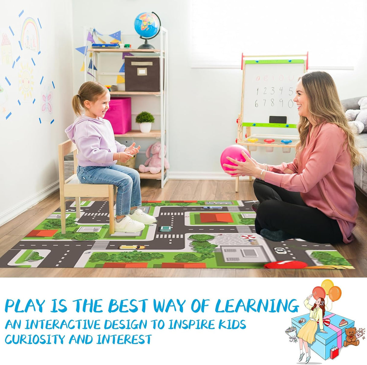 Play Mat Kids Rug Carpet Playmat Extra Large Learn Have Fun Safe Road Traffic System Multi Color Study Activity Centerpiece Play Mat for Playing with Cars for Bedroom Playroom