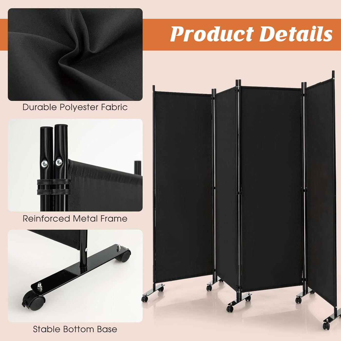173cm Rolling 4-Panel Room Divider – 4 Colours