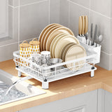 Dish Drying Rack with Drainboard Dish Drainers for Kitchen Counter Sink Adjustable Spout Dish Strainers with Utensil Holder and Knife Slots, White