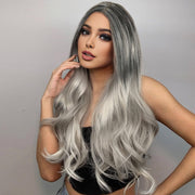 24-Inch Glueless Wavy Synthetic Wig – Silver Grey