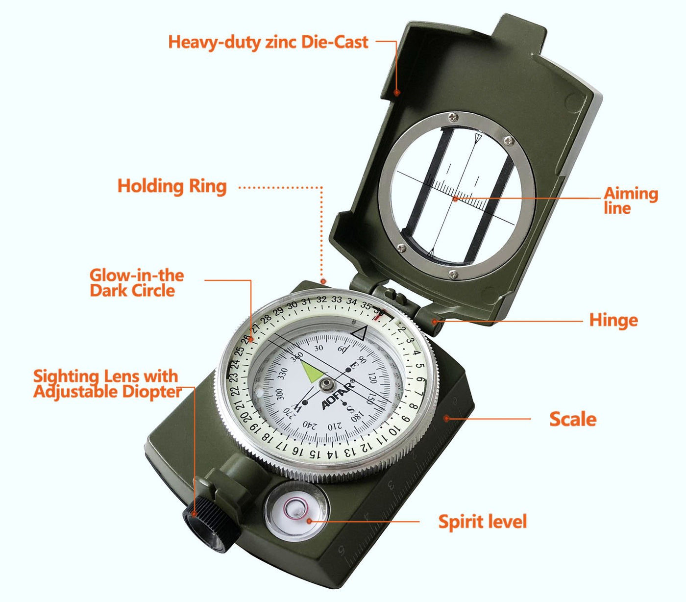 AF-4580 Lensatic Sighting Compass with Map Measurer
