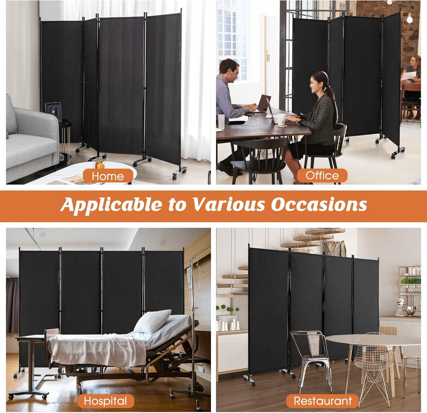 173cm Rolling 4-Panel Room Divider – 4 Colours