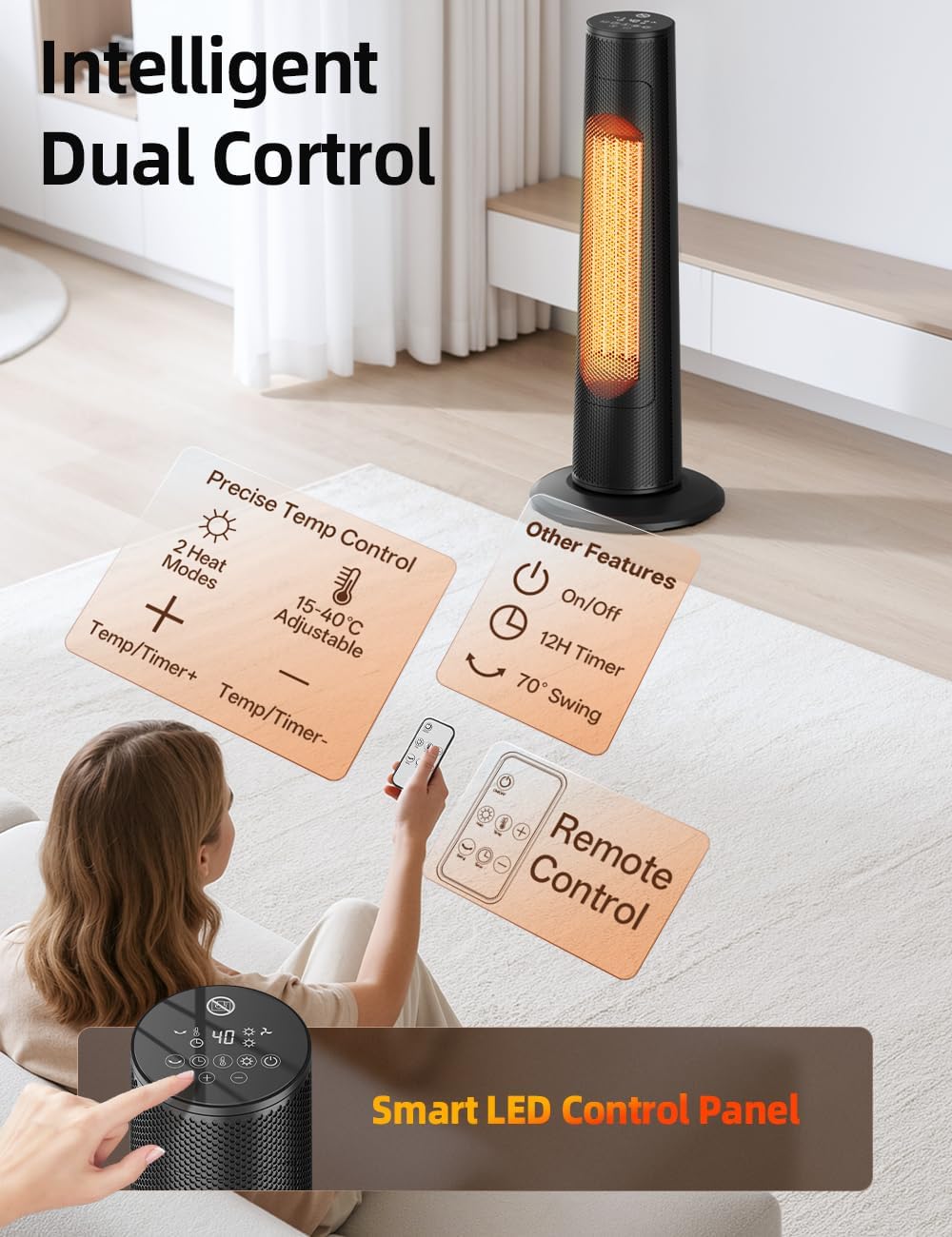 Portable Heater, 63CM 2000W PTC Ceramic Heater w/Remote, 1S Heating 30m², 12H Timer, 70° Oscillation, Adjustable Thermostat Fan Heater, Overheat & Tip-Over Protection Room Heater for Bedroom