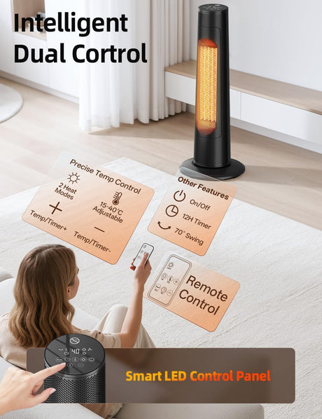 Portable Heater, 63CM 2000W PTC Ceramic Heater w/Remote, 1S Heating 30m², 12H Timer, 70° Oscillation, Adjustable Thermostat Fan Heater, Overheat & Tip-Over Protection Room Heater for Bedroom