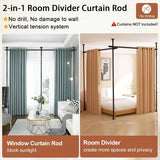 Room Divider No Drilling Curtain Rod Wall Divider for Room Separation, 122-305cm(H) 70-290cm(W) Adjustable, Heavy Duty Partition Space Separator Freestanding Tension Curtain Standr, Black