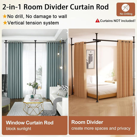 Room Divider No Drilling Curtain Rod Wall Divider for Room Separation, 122-305cm(H) 70-290cm(W) Adjustable, Heavy Duty Partition Space Separator Freestanding Tension Curtain Standr, Black