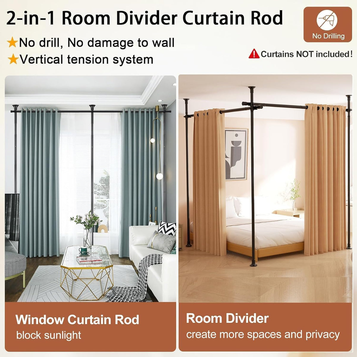 122–305 cm No-Drill Tension Room Divider Rod – 3 Options