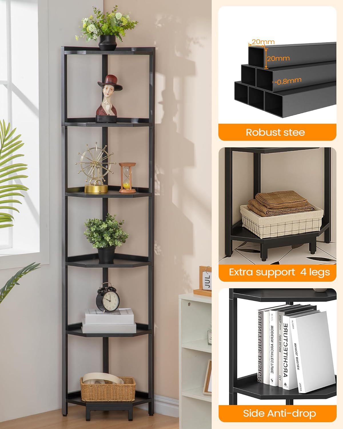 Freestanding Corner Shelf with Metal Frame