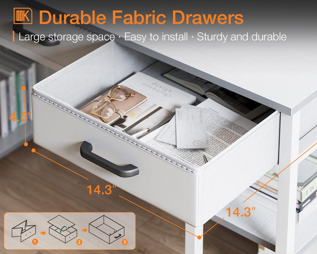 120 cm White Computer Desk with Fabric Drawers & Shelves